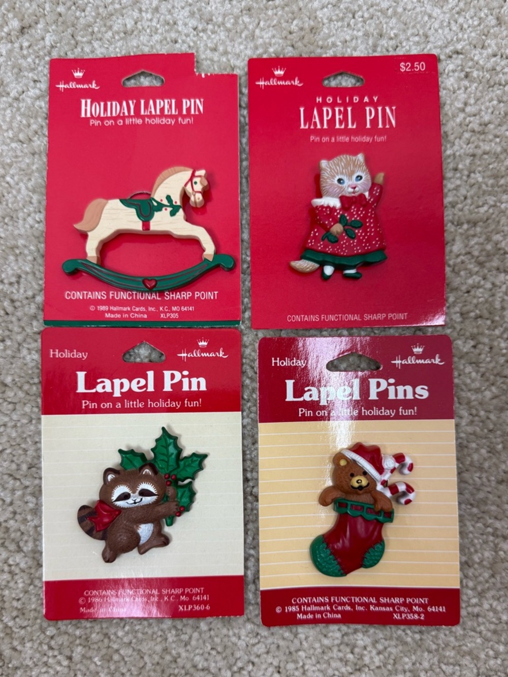 NEW Vintage lot of 80s Hallmark Christmas Lapel Pins Brooch cat rocking horse